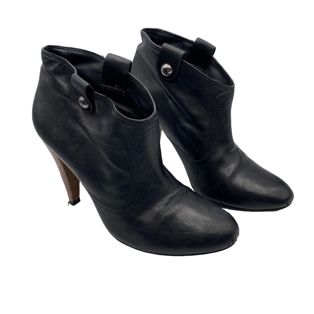 COACH Aliza Black Leather Almond Toe Stacked Cone Heel Ankle Boots Booties 7B